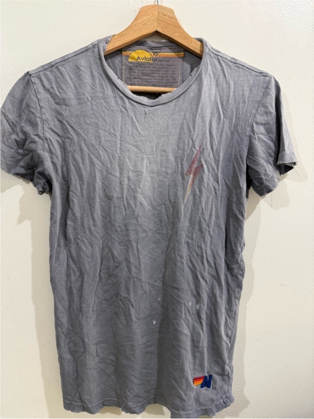 Aviator Nation Gray Tee with Lightning and Rainbow Patch